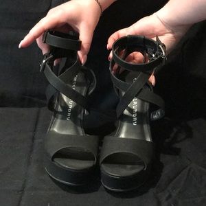 Black Strappy Faux Leather Wedges